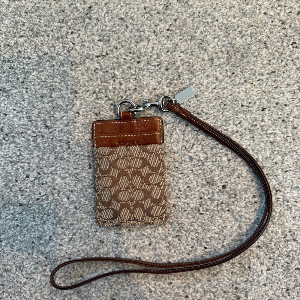 Coach Brown and Tan Signature Card Holder with Strap